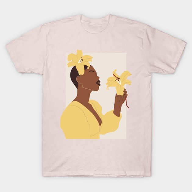 Black Woman Yellow Lily T-Shirt by JunkyDotCom